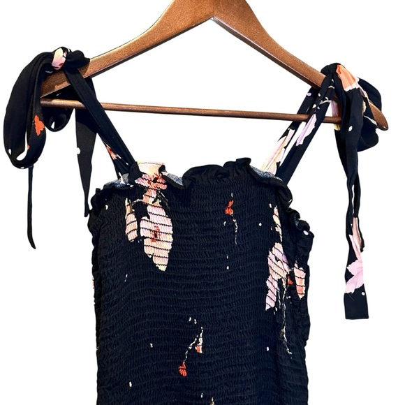 (Sold)Free People Women’s Size XS Bella Smocked Bodycon Dress Black Floral - Picture 3 of 11
